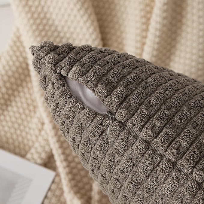 Kevin Textile Throw Pillow Covers Soft Corduroy Decorative Set of 2 Boho Striped Pillow Covers Pillowcases Farmhouse Home Decor for Couch Bed Sofa Living Room 16x16 Inch Light Brown