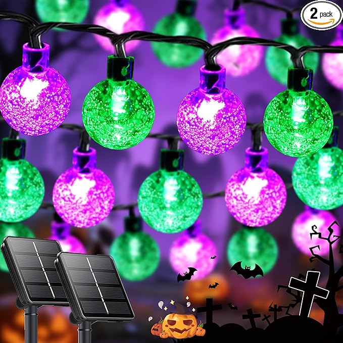 LORRYTE 2-Pack 100 LED Purple and Green Halloween Lights Outdoor - 64FT Crystal Globe Waterproof Solar String Lights with 8 Lighting Modes for Halloween Decorations, Garden, Patio, Party, Porch