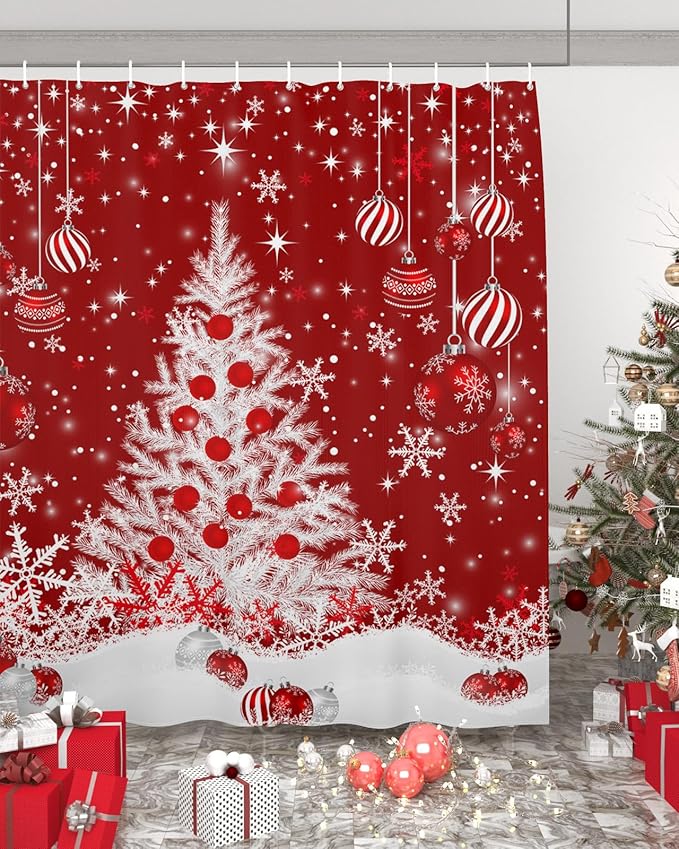 Vandarllin Red Christmas Shower Curtain, White Xmas Tree Snowflakes Red Balls Shower Curtains Set with Hooks, Winter Waterproof Fabric Bathroom Curtains Decor Home Accessories,66 X 72 Inch Long