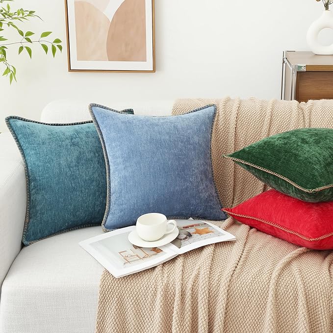 decorUhome Chenille Soft Throw Pillow Covers 12x20 Set of 2, Lumbar Velvet Farmhouse Neutral Decorative Euro Pillow Covers with Stitched Edge for Couch Sofa Bed Home Decor, Teal