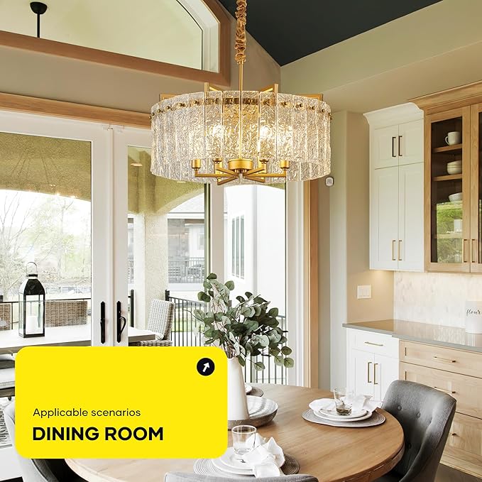 Gold Crystal Chandeliers for Dining Room 6-Light, 22” Modern Water Ripple Glass Light Fixture, Farmhouse Round Lighting for Kitchen Island, Bar Table