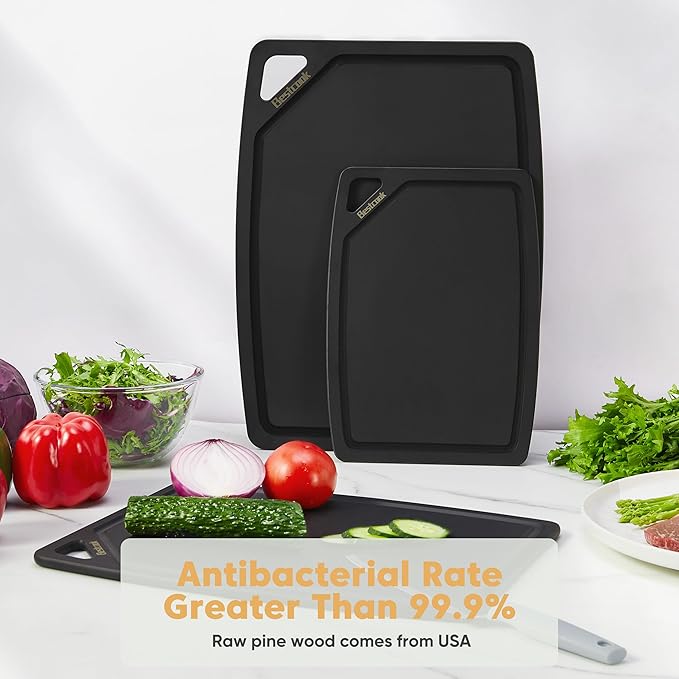 BESTCOOK Wood Fiber Cutting Board Set of 3, Composite Chopping Boards with Juice Groove, Dishwasher Safe, Non-Toxic, BPA-Free, Non-Porous, Non-Slip Feet, Durable for Cutting Meat, Vegetables, Fruit