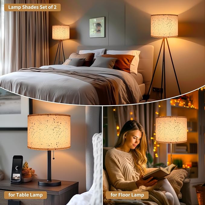 White Lamp Shades Set of 2, Drum Lampshades 13" Top x 13" Bottom x 10" High (Spider), Modern Linen Lamp Shades for Table Floor Lamp, Lampshades Replacement with 8in Lamp Harps