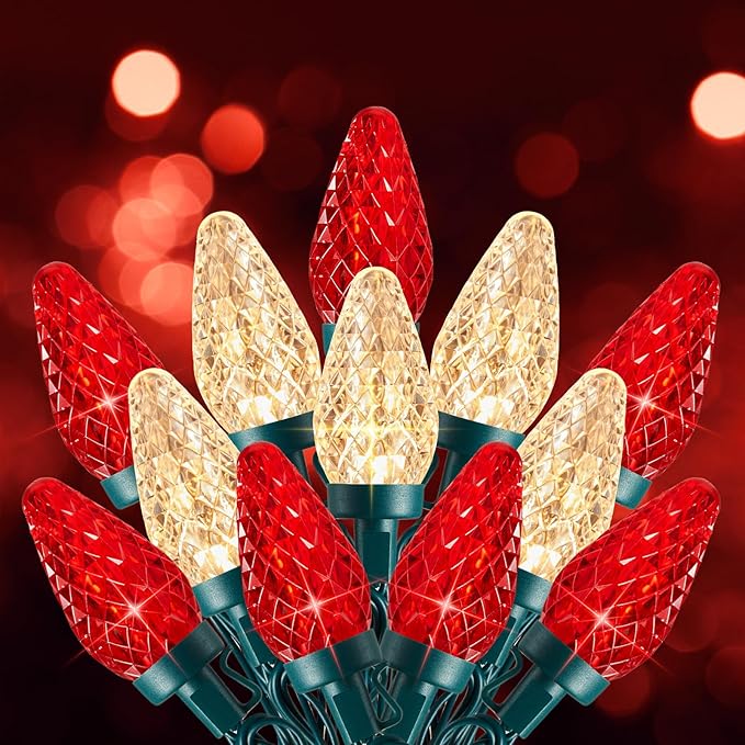 C9 Christmas Lights Outdoor, 33 FT 50 LED Connectable C9 String Lights with 8 Modes and Timer Xmas Tree Patio Roofline Garden Yard Holiday Party Indoor Outdoor Decoration, Red and Warm White