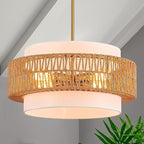 19.7" Rattan Chandelier with Linen Vintage Farmhouse Boho Hand Woven Bamboo Chandelier Light Fixture Modern Drum Wicker Rattan Gold Chandeliers for Dining Room, Kitchen, Living Room,Foyer