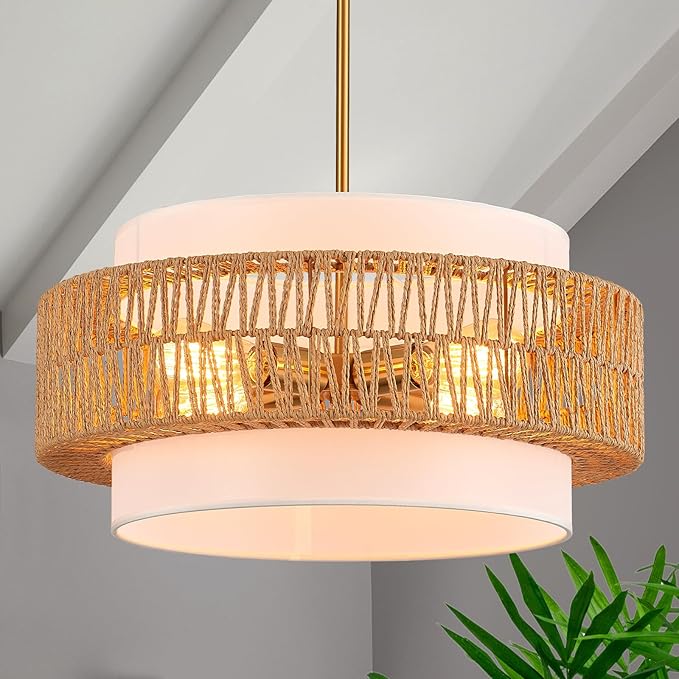 19.7" Rattan Chandelier with Linen Vintage Farmhouse Boho Hand Woven Bamboo Chandelier Light Fixture Modern Drum Wicker Rattan Gold Chandeliers for Dining Room, Kitchen, Living Room,Foyer