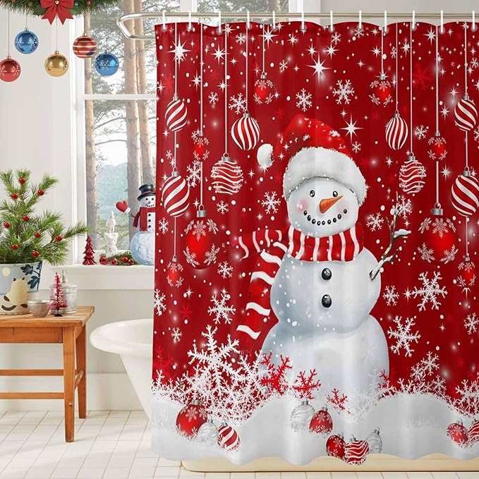Vandarllin Christmas Shower Curtain, Snowman Shower Curtains Set with Hooks, Snowflake Red Christmas Balls Waterproof Bathroom Curtains Xmas Holiday Decor Home Accessories,72 X 96 Inch Extra Long