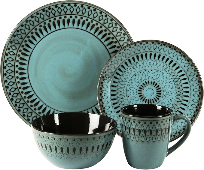 American Atelier Delilah Round Dinnerware Set, Green – 16-Piece Stoneware Dinner Party Collection w/ 4 Dinner Plates, 4 Salad Plates, 4 Bowls & 4 Mugs,Green New