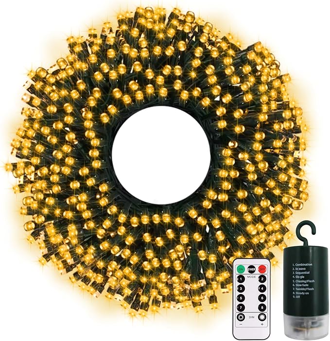 echosari 200 LED 66ft Christmas String Lights Battery Operated, Battery Christmas Lights with Remote Timer Outdoor Fairy Lights for Wreath Party Trees Decor (Warm White)