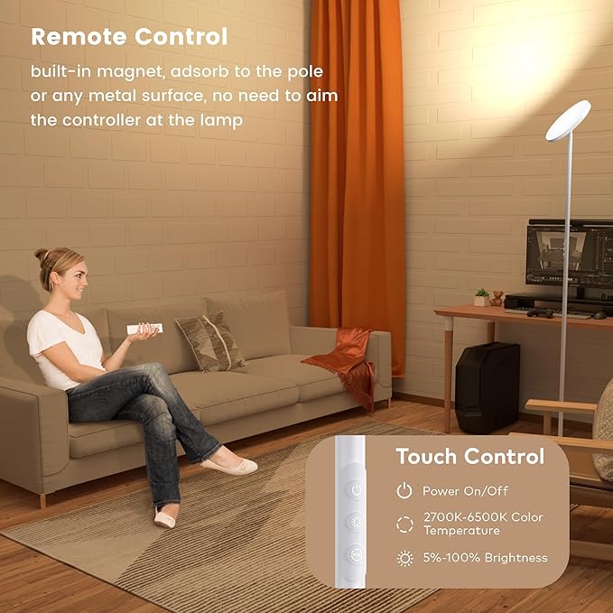 Floor Lamp,Bright 36W 3500LM Standing Lamp with Remote, 2700K Soft White to 6500K Cool White Adjustable,Touch Control Dimmable Torchiere Tall Light for Living Room,Bedroom,Office,Sofa(White)