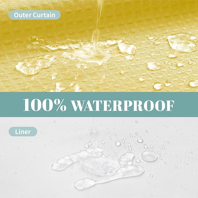 Yellow No Hook Waffle Weave Shower Curtain with snap-in Liner Replacement, 230GSM Waterproof Fabric Hotel Shower Curtain Set for Bathroom, Through Mesh Top Window,71Wx77H