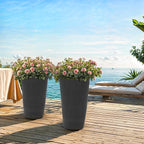 24" Set of 2 Tall Resin Outdoor Planters, Heavy-Duty Resin Flower Pots, Matte Black Leather Grain Finish, Durable & Weather-Resistant, Ideal for Garden, Patio, Yard, Porch, or Indoor Décor