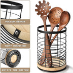 Utensil Holder for Kitchen Rotating Utensil Crock for Countertop, Cooking Utensil Organizer for Spatula with Rotatable Wooden Base