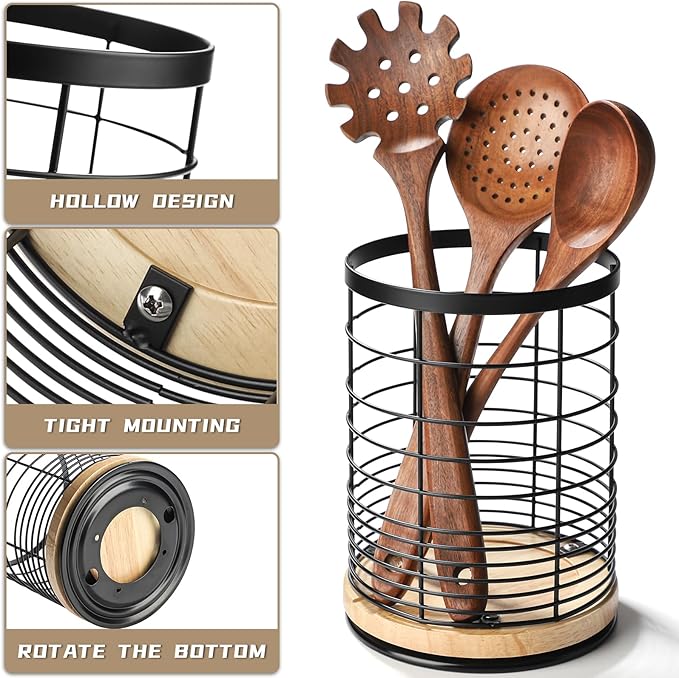 Utensil Holder for Kitchen Rotating Utensil Crock for Countertop, Cooking Utensil Organizer for Spatula with Rotatable Wooden Base