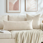 Fancy Homi Set of 2 Cream Boho Neutral Decorative Throw Pillow Covers 20x20 Inch for Couch Bed Sofa, Aesthetic Modern Organic Home Decor, Soft Fluffy Corduroy Beige Cute Farmhouse Cushion Case 50 cm