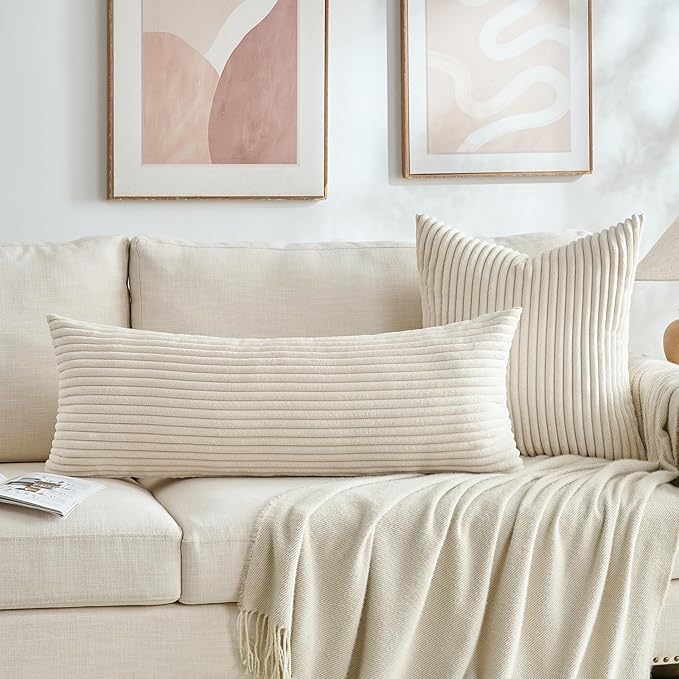 Fancy Homi Set of 2 Cream Boho Neutral Decorative Throw Pillow Covers 20x20 Inch for Couch Bed Sofa, Aesthetic Modern Organic Home Decor, Soft Fluffy Corduroy Beige Cute Farmhouse Cushion Case 50 cm