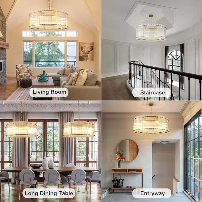 37" Modern Gold Round Chandelier,2-Tier 8-Light Water Ripple Crystal Glass Chandeliers,for Dining Room,Living Room,Bedroom,High Ceiling,Foyer Entryway,Luxury Chandelier