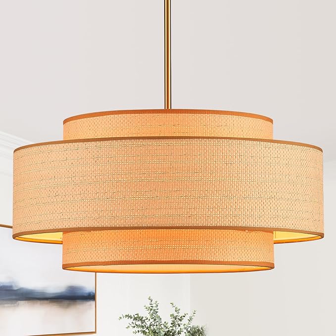 Farmhouse 19.7" Drum Rattan Chandelier 4-Lights Vintage Boho Rattan Chandelier Retro Vintage Bamboo Drum Chandeliers for Dining Room, Kitchen Island, Living Room, Bedroom