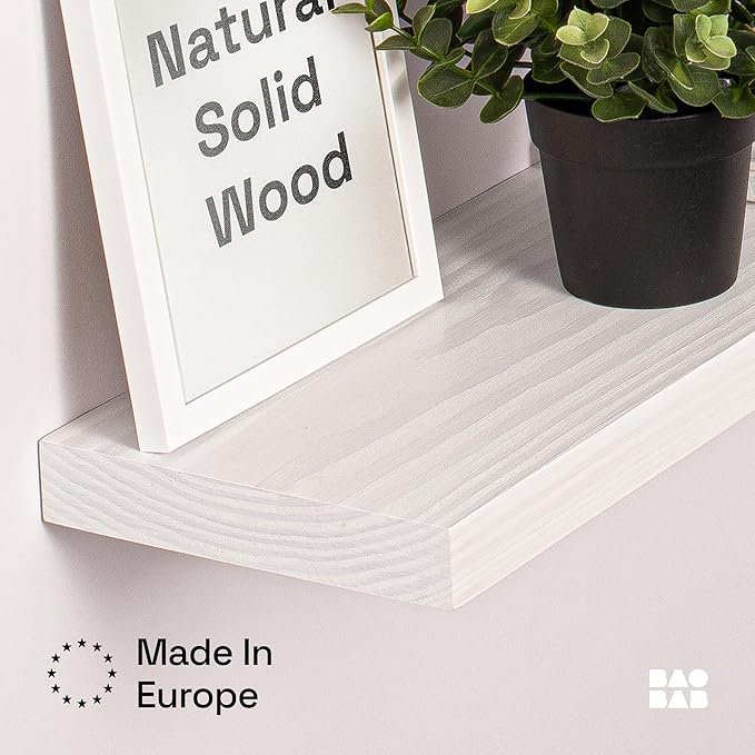BAOBAB WORKSHOP Wood Floating Shelves for Wall White - Bathroom Floating Shelves White - Small Wall Mounted Shelf White for Bedroom Kitchen Living Room - 16D x 6.7W Inch, Set of 2