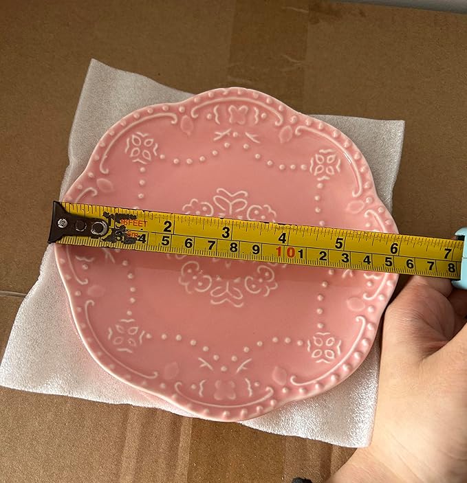 YBK Tech Elegant Round Embossed Lace Plate, Ceramic Serving Plate for Breakfast Afternoon Tea (Pink, 6-inch)