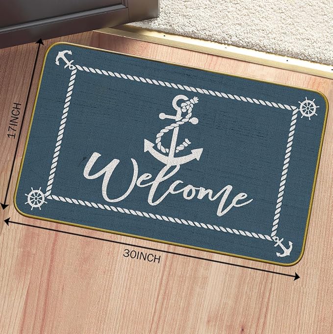 Mingnei Nautical Rug, Deep Blue Welcome Mat for Home Boats Entrance, Indoor Outdoor 30 x 17