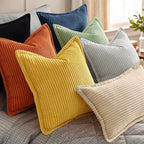 decorUhome Corduroy Mustard Yellow Throw Pillow Covers 20x20 Set of 2 Decorative Soft Boho Farmhouse Euro Couch Pillow Covers for Living Room Bed Sofa Broadside Striped Pillow Cases