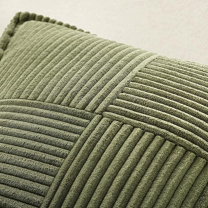 MIULEE Decorative Throw Pillow Covers for Couch Bed Livingroom 18x18 Inch Set of 2 Olive Green Boho Accent Throw Pllows Broadside Striped Patchwork Soft Corduroy Summer Pillowcases
