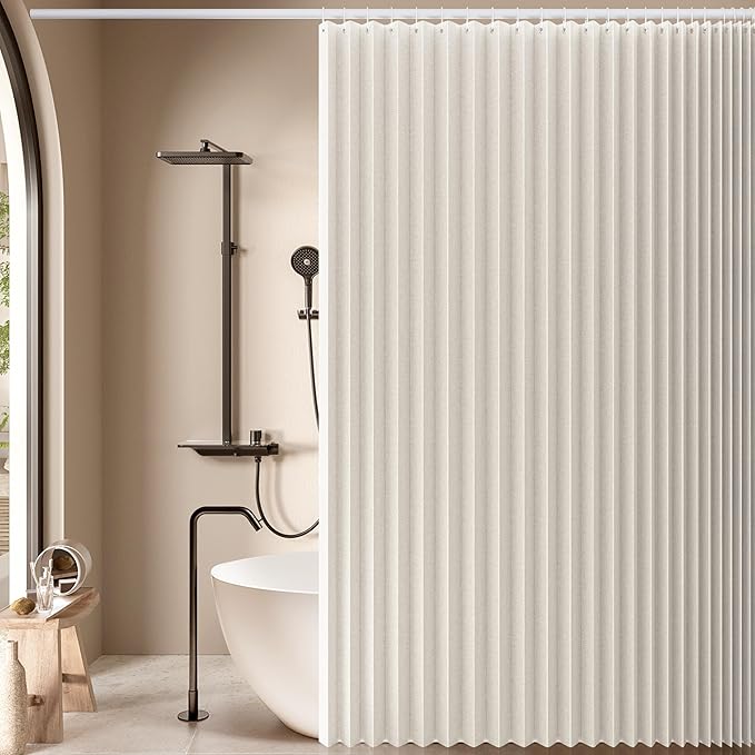 Jubilantex Folding Linen Shower Curtain for Bathroom Beige Waterproof Shower Curtain 1 Panel with 14 Metal Grommets and 1 Tie Back for Hotel,70"x70"