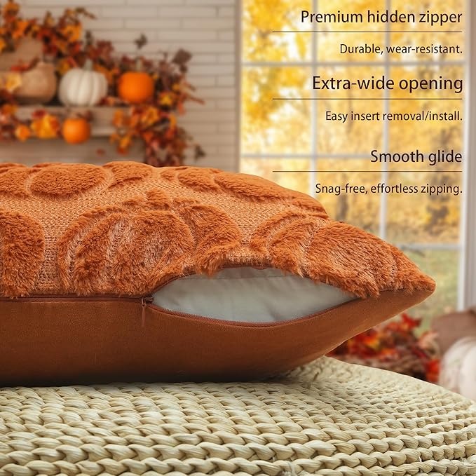 GEEORY Fall Orange Pumpkin Throw Pillow Covers, 24x24 Inch (Set of 2), Soft Faux Fur Wool, Farmhouse Style for Autumn Home Sofa Decor GC018-24