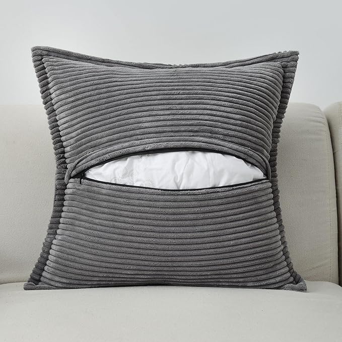 HAUSSY Dark Grey Large Decorative Throw Pillow Covers 26x26 Inch Set of 2,Soft Solid Corduroy Striped Cushion Case,Square Euro Pillow Shams,Winter Home Decorations for Couch,Bed