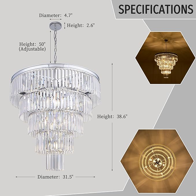 TOCHIC 10 Light Large Crystal Chandelier 31.5 inch, 5-Tier Contemporary Modern Chrome Crystal Chandeliers, Raindrop K9 Round Ceiling Light for Bathroom,Staircase, Entryway, Dining Room, Foyer, Kitchen