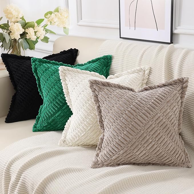 decorUhome Decorative Khaki Throw Pillow Covers 22x22 Set of 2 with Splicing, Boho Soft Neutral Corduroy Broadside Twill Pillow Covers for Couch Bed Sofa Living Room