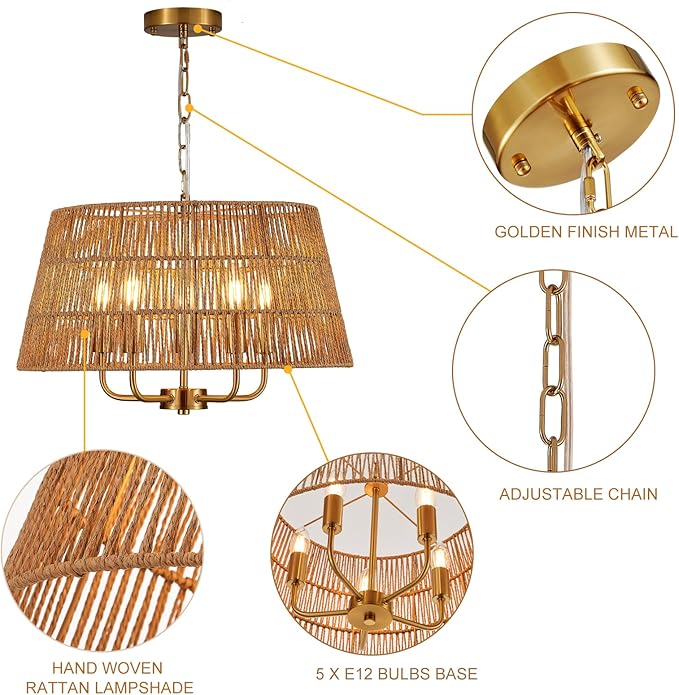 19.7" Boho Rattan Chandelier Vintage Farmhouse 5-Lights Hand-Woven Bamboo Golden Chandelier Light Fixture Retro Drum Wicker Gold Chandeliers for Dining Room, Kitchen, Living Room, E12