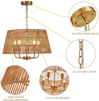 19.7" Boho Rattan Chandelier Vintage Farmhouse 5-Lights Hand-Woven Bamboo Golden Chandelier Light Fixture Retro Drum Wicker Gold Chandeliers for Dining Room, Kitchen, Living Room, E12