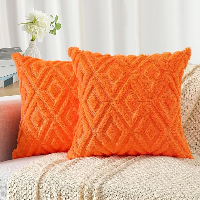 Pallene Orange Throw Pillow Covers 18x18 Set of 2, Soft Plush Faux Fur Decorative Couch Pillow Covers for Sofa Bed Living Room Pillow Cases with 3D Diamond Pattern