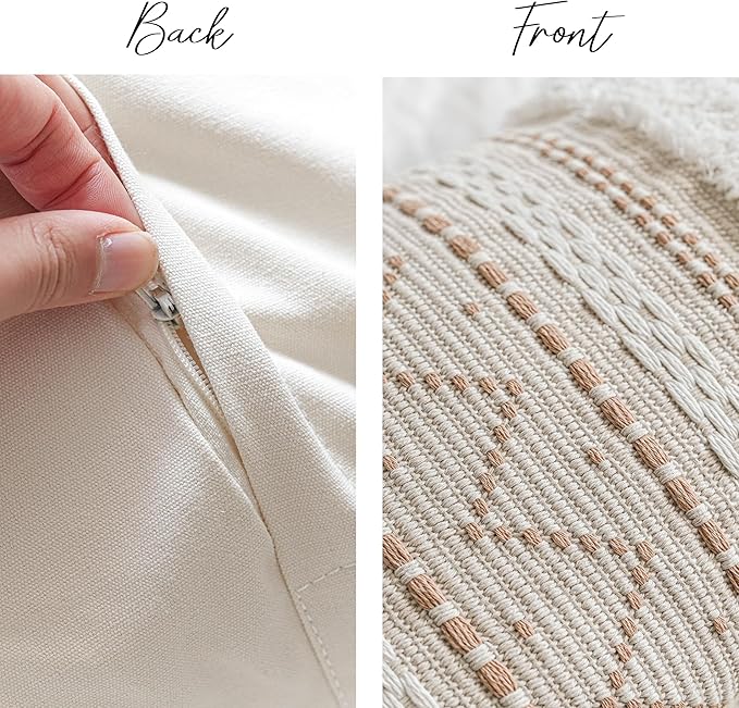 BlissBlush Decorative Throw Pillow Cover 20x20 Square Cream Neutral White Boho Accent Pillowcase Tassels Farmhouse Cushion for Couch Sofa Bedroom Living Room Home Décor (Cover ONLY, Pack of 1)