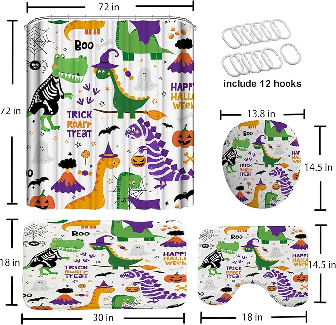 Kids Halloween Dinosaur Bathroom Decor Set with Cute Shower Curtain and Rugs, 4-Piece Cartoon Bath Set with Toilet Lid Cover, Waterproof Curtain with Hooks and Non-Slip Mats