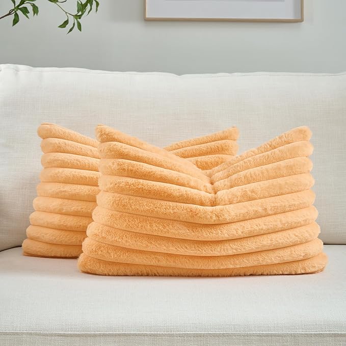 FUTEI Orange Striped Decorative Throw Pillow Covers 12x20 Inch Set of 2,Rectangle Winter Decorations Couch Lumbar Pillowcase,Soft Cozy Faux Rabbit Fur & Velvet Back,Modern Home Decor for Bed