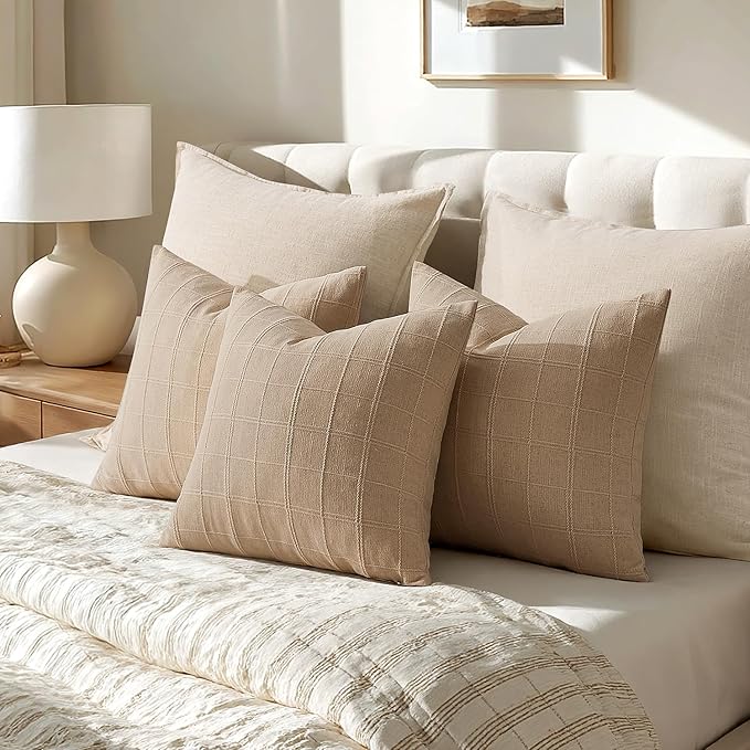 Woaboy Linen Check Throw Pillow Covers Set of 2 - Light Brown Farmhouse Modern Boho Vintage Decorative Cushion Covers for Sofa Couch Bedroom Living Room Decor 22x22 Inch