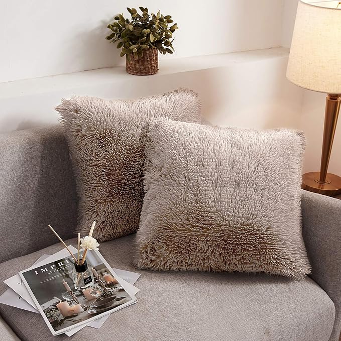 XeGe Soft Faux Fur Throw Pillow Covers, Luxury Fluffy Cushion Covers, Shaggy Plush Furry Pillow Cases, Fuzzy Decorative Pillow Covers Pack of 2 for Sofa Bed Couch Bedroom (18''x18'', Khaki)