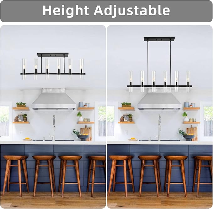 Untrammelife Modern 6-Light Linear Chandelier in Coal Black Finish 36" Farmhouse Rectangle Dining Room Light with Clear Glass Shade Linear Island Pendant Light for Kitchen Island Bedroom