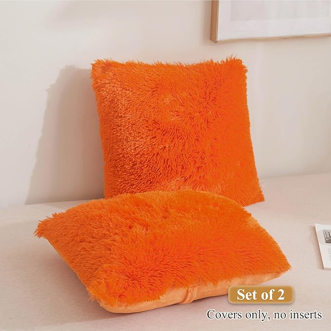 XeGe Faux Fur Throw Pillow Covers, Luxury Fluffy Plush Orange Pillow Shams, Shaggy Furry Decorative Pillow Fuzzy Cushion Cover for Sofa Bed Couch, Zipper Closure, Pack of 2(18''x18'', Orange)