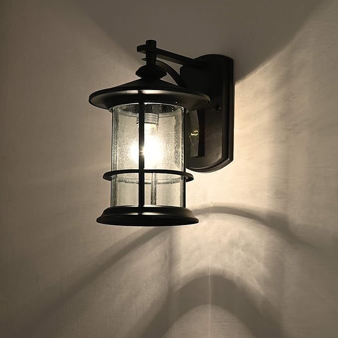 MICSIU Textured Black 10" Outdoor Light Fixtures Wall Mount, Waterproof Front Porch Light Fixtures with Clear Seedy Glass, Outdoor Wall Lights for House Front Porch, Patio, Backyard