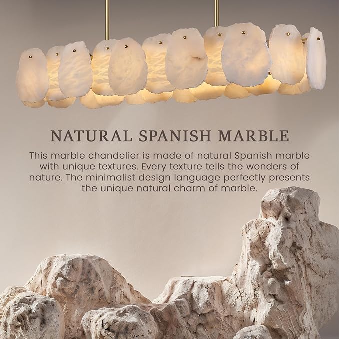 Rectangle Alabaster Chandelier, L43in Modern Spanish Marble Dining Room Chandelier Over Table, Adjustable Long Chandeliers for Living Room, Alabaster Chandeliers for Kitchen Island, Foyer, Entryway