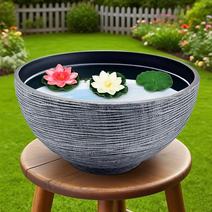charmshine17.7inch Large Lotus Bowl Planter Garden Water Plant Pot Bird Bath Bowl Landscaping Planter Water Lily Pots for Outdoor Indoor Planting in Water Small Fountain Base Mini Fish Pond (Grey)