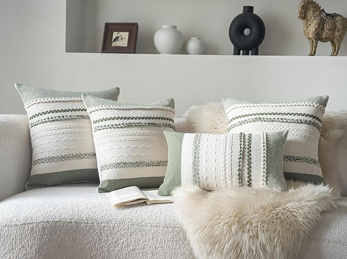 Boho Throw Pillow Covers 18x18 Inch Set of 2, Green Textured Decorative Couch Pillow Cases for Farmhouse Home Decor, Accent Cushion Cover for Sofa, Bed, Living Room, Bedroom