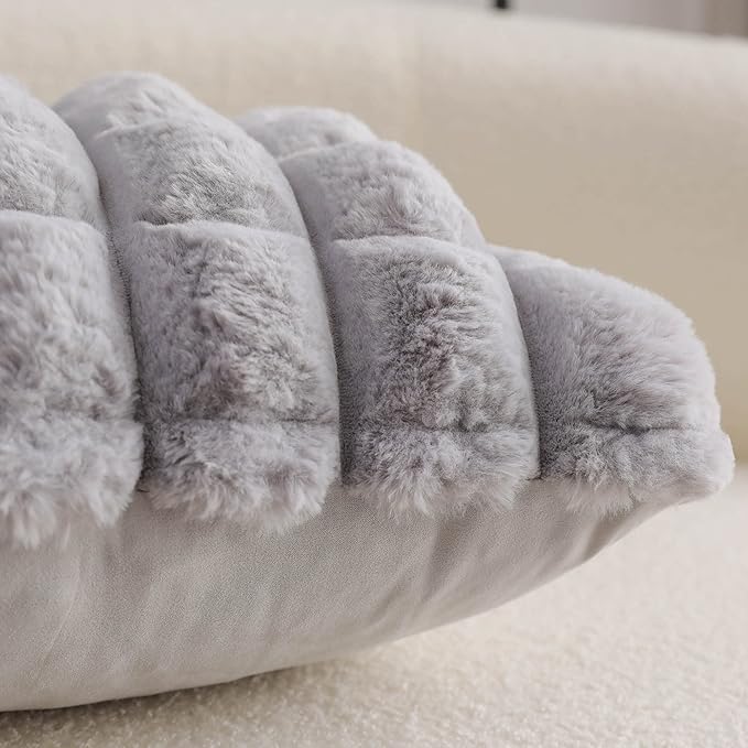 Neelvin Grey Faux Fur Cozy Soft Plaid Decorative Throw Pillow Covers 20x20 inch Set of 2,Velvet Pillowcase Cushion Case for Sofa Couch