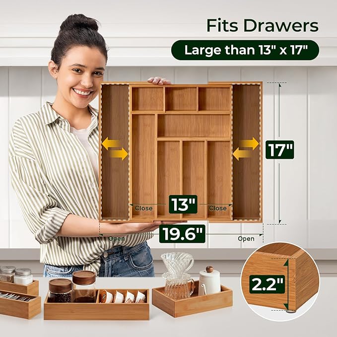 6-Piece Bamboo Drawer Organizer Set, 2.2" Deep Multi-Use Organizers for Utensils, Silverware, Cutlery, Desk, Bathroom, Junk Drawer & Makeup, Non-Slip Feet Included.