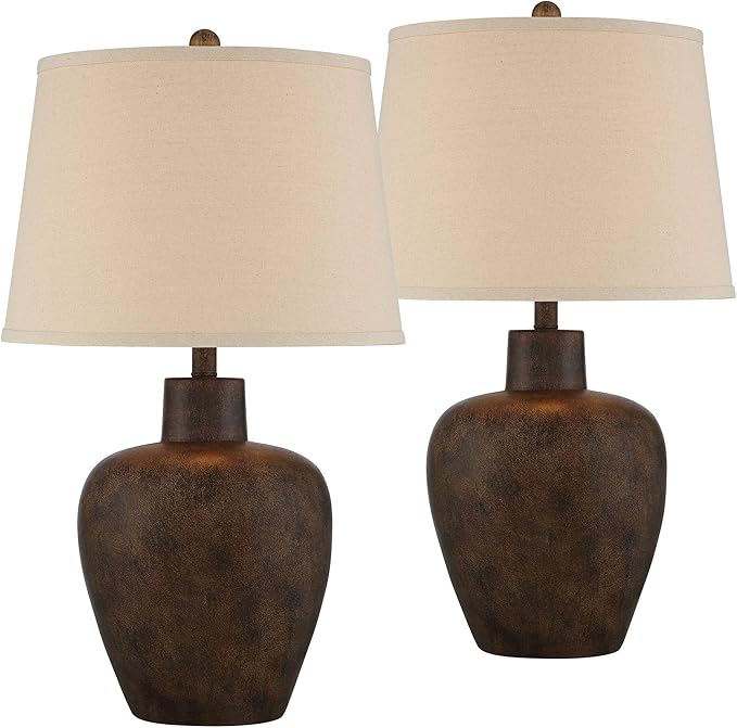Regency Hill Glenn 27" Tall Urn Farmhouse Rustic Natural Cottage Southwestern Table Lamps Set of 2 WiFi Smart Socket Dark Terra Cotta Finish Living Room Bedroom Bedside Nightstand Fabric Shade