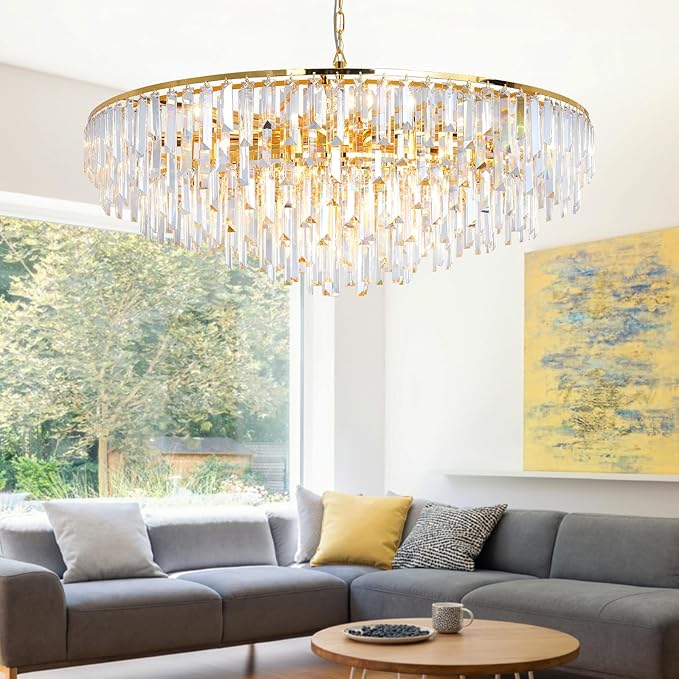 Gold Crystal Chandelier for Dining Room, 40" Modern Round Luxury Chandeliers 7-Tier 17 Lights Large Adjustable Height Ceiling Hanging Pendant Light Fixture for Living Room Bedroom Foyer